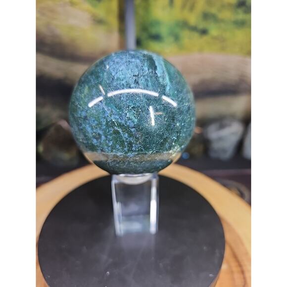 Natural Moss Agate Quartz Crystal Sphere Polished 73mm W/stand 1.16lb - Picture 1 of 9